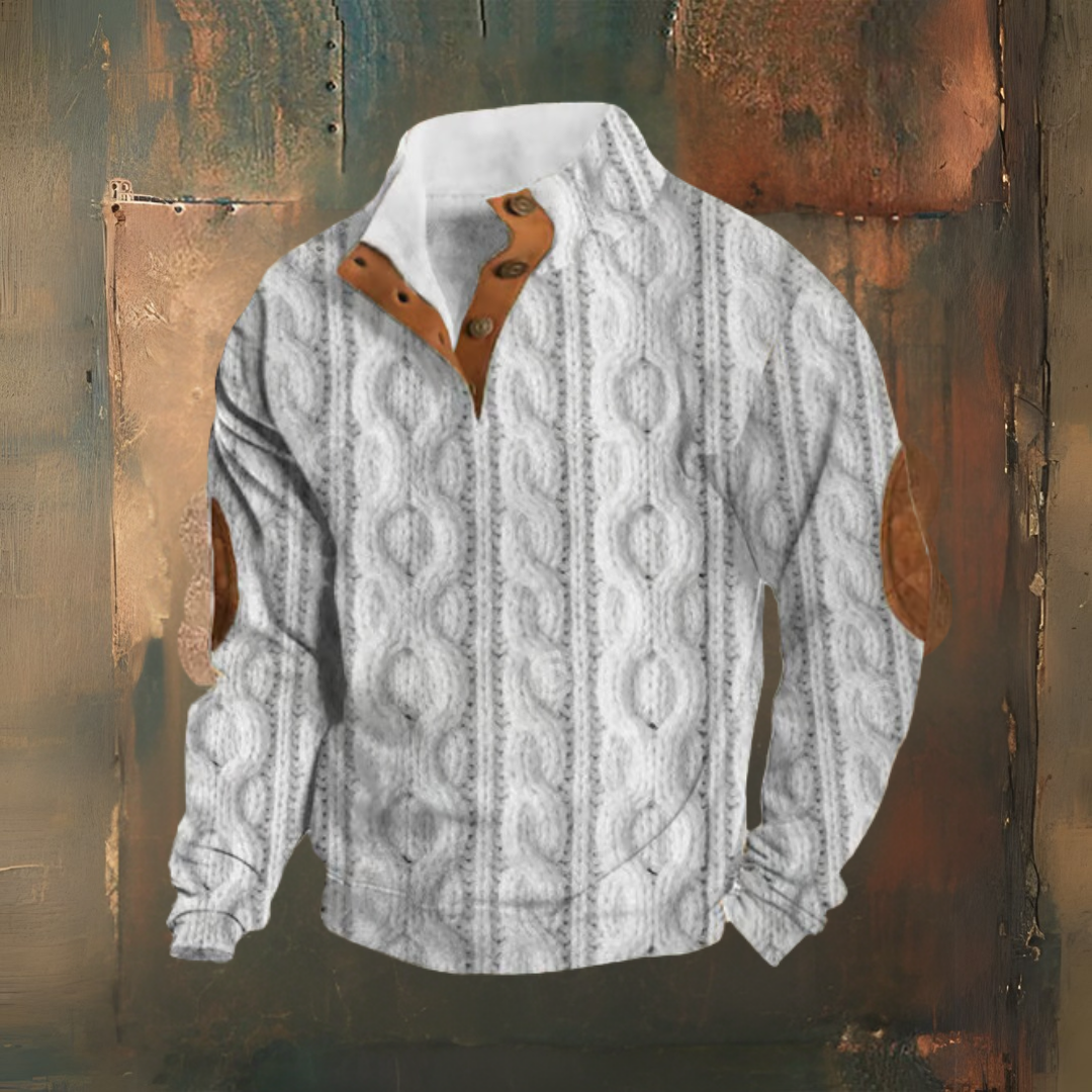 Levoire | Imprimé Rétro Col Montant Boutonné Pull Décontracté Blanc