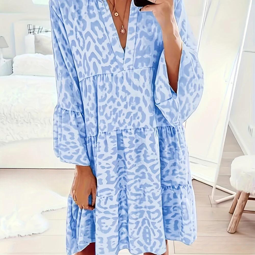 Levoire | Robe boho à imprimé léopard pour femmes, taille plus Bleu clair