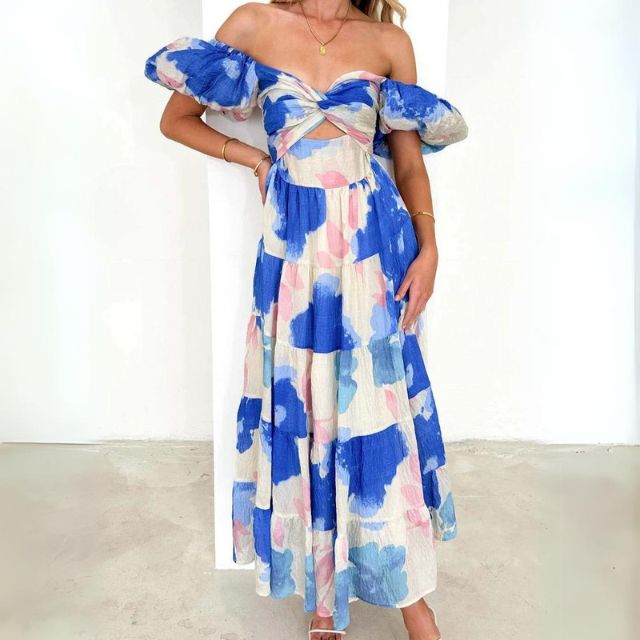 Levoire | Robe longue fleurs décolleté Bleu profond