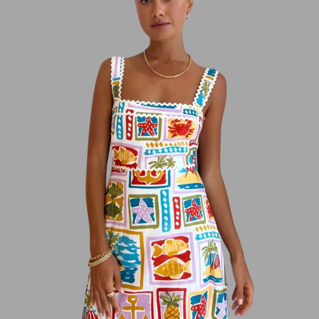 Levoire | Femme Robe sans manches en ligne A avec imprimé tropical - Blanc