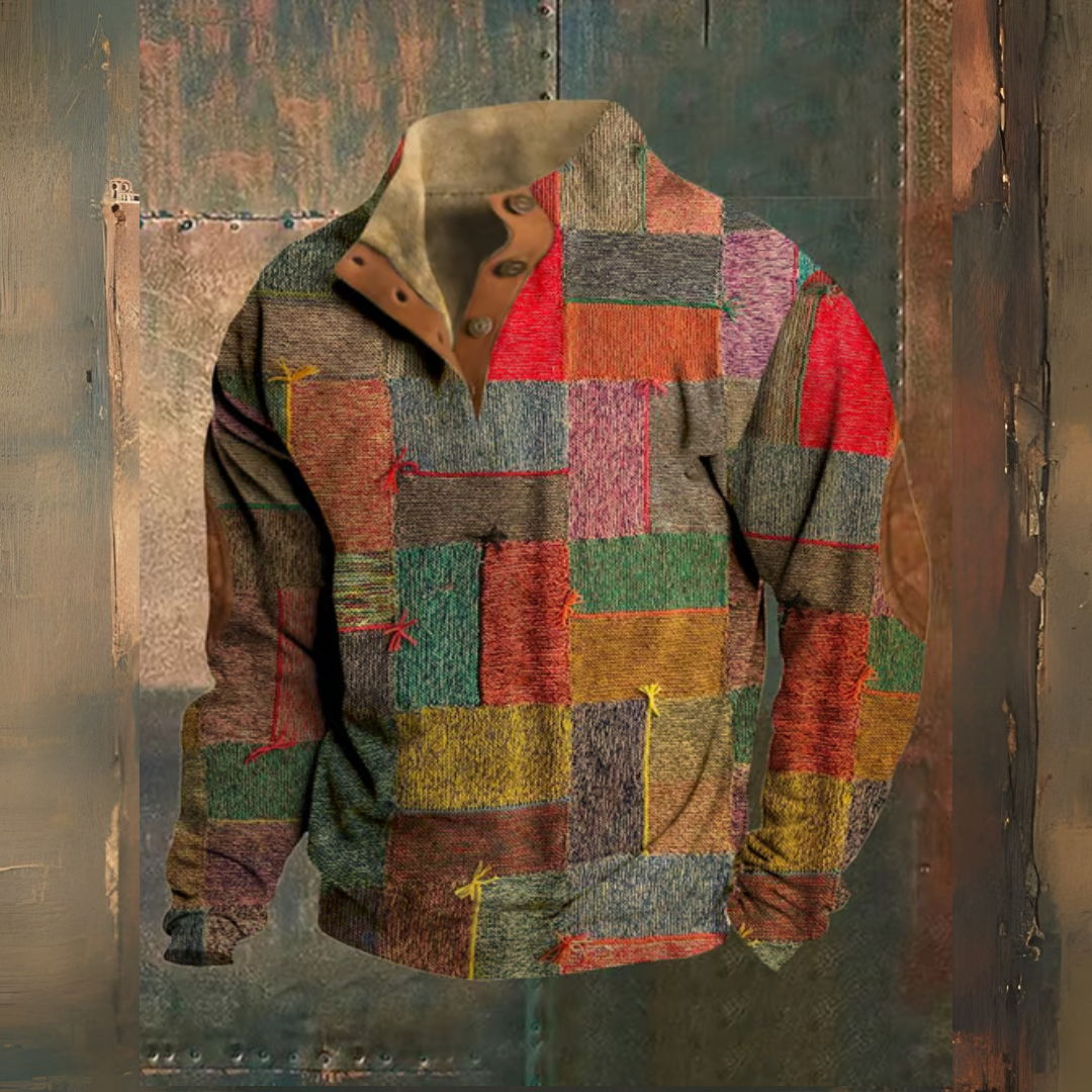 Levoire | Western Colorblock Imprimé Art Col Montant Bouton Pull-Over Braun