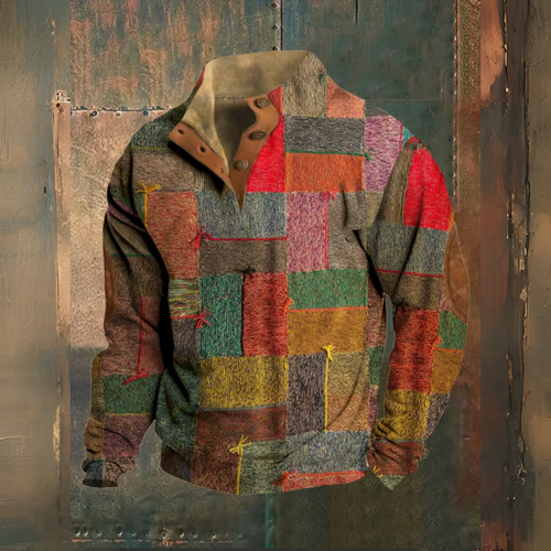 Levoire | Western Colorblock Imprimé Art Col Montant Bouton Pull-Over