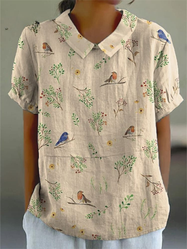 Levoire | Chemisier Pour Femme En Coton Et Lin Avec Motif D'Oiseau Et De Branche En haut