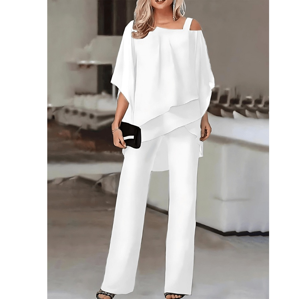 Levoire | Haut À Épaules Dénudées Superposées & Ensemble Pantalon Pour Femmes Blanc
