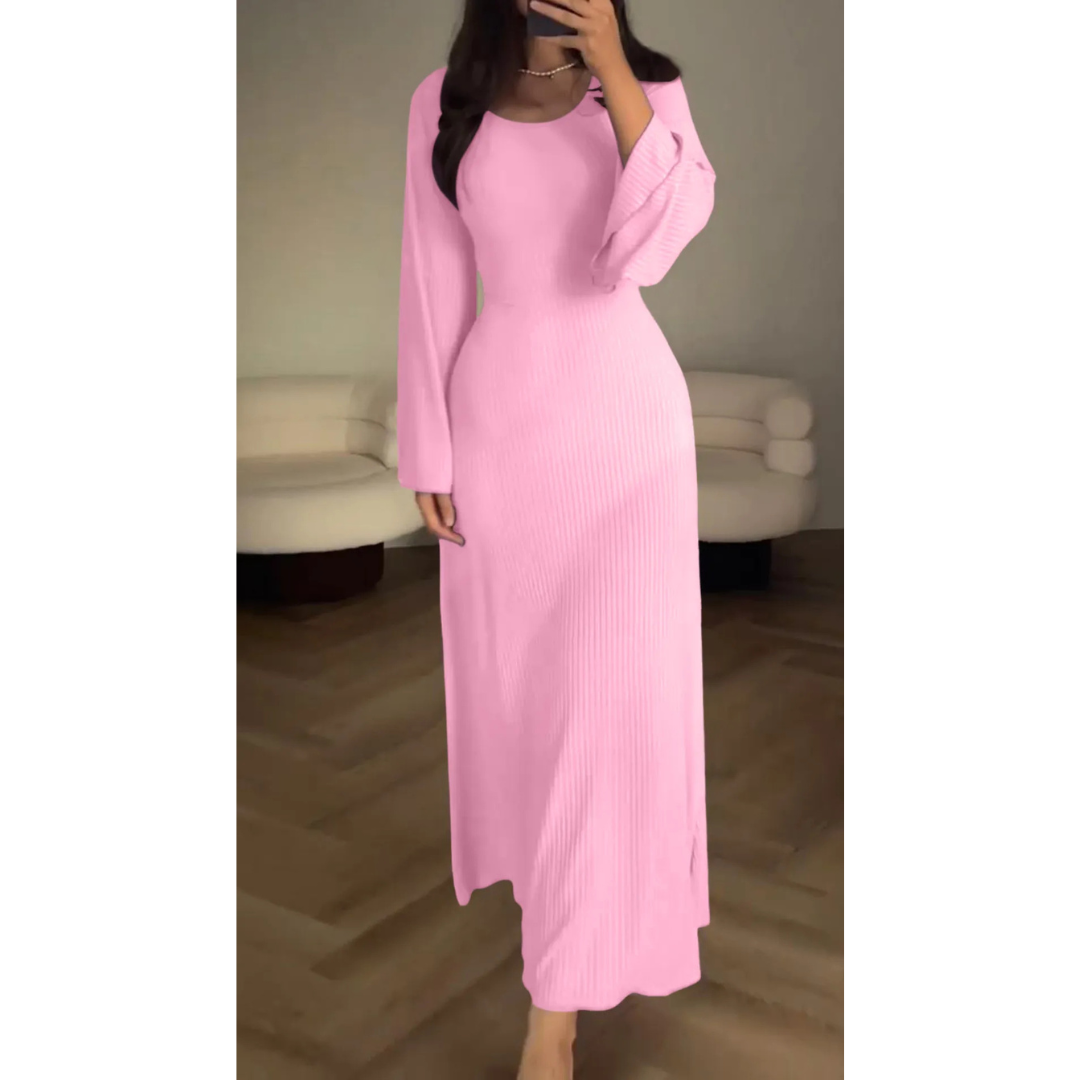 Levoire | Robe D'Invitée De Mariage Pour Femme À Manches Longues Et À Côtes - Maxi Rose