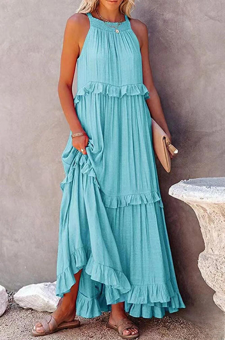 Levoire | Robe longue avec dos nu et volants Bleu
