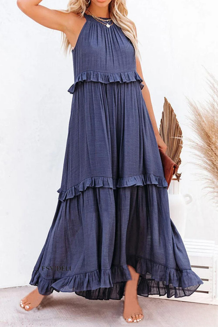 Levoire | Robe longue avec dos nu et volants Bleu marine