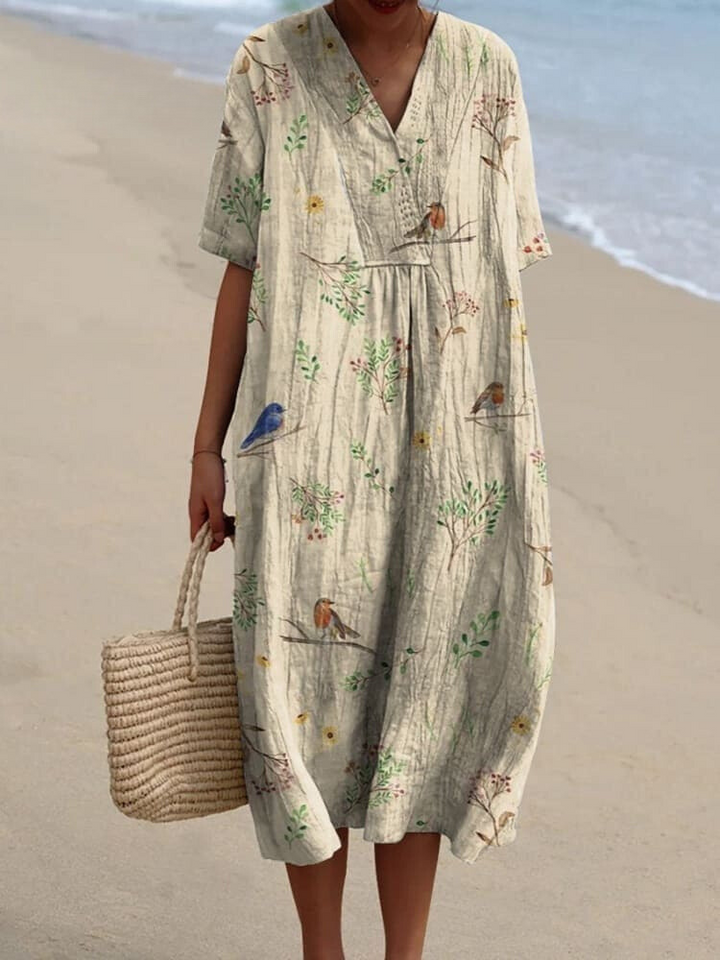 Levoire | Chemisier Pour Femme En Coton Et Lin Avec Motif D'Oiseau Et De Branche robe