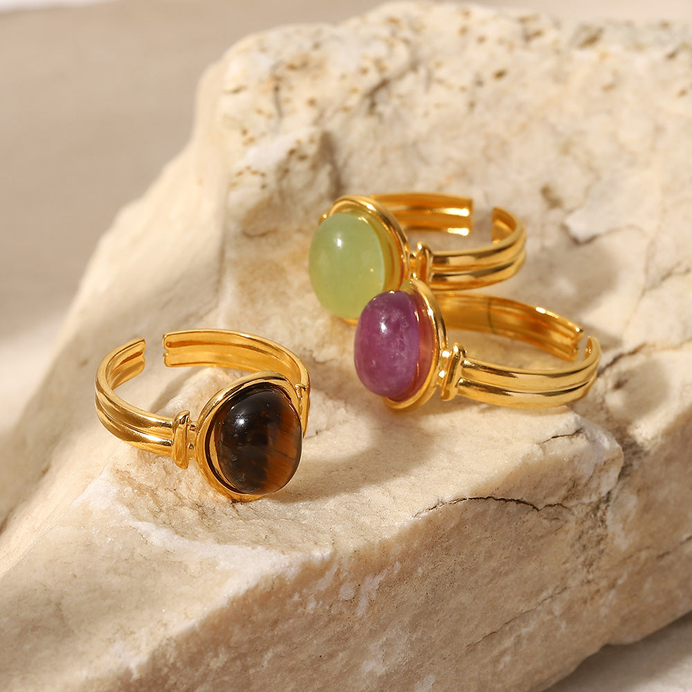 Levoire | Bague Ouverte En Pierre Ovale Avec Chaîne En Or 18K