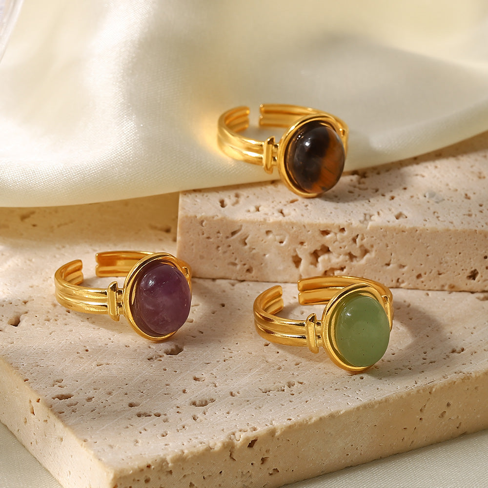 Levoire | Bague Ouverte En Pierre Ovale Avec Chaîne En Or 18K