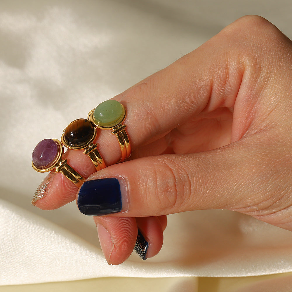 Levoire | Bague Ouverte En Pierre Ovale Avec Chaîne En Or 18K
