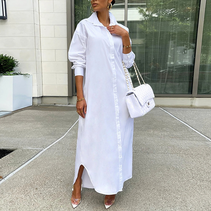 Levoire | Robe Chemisier Rose Simple Avec Col Rabattu Blanc