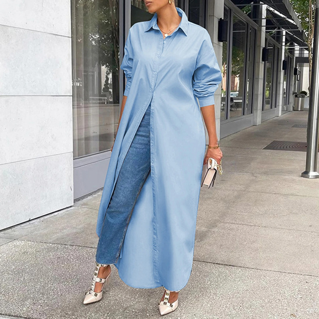 Levoire | Robe Chemisier Rose Simple Avec Col Rabattu Bleu