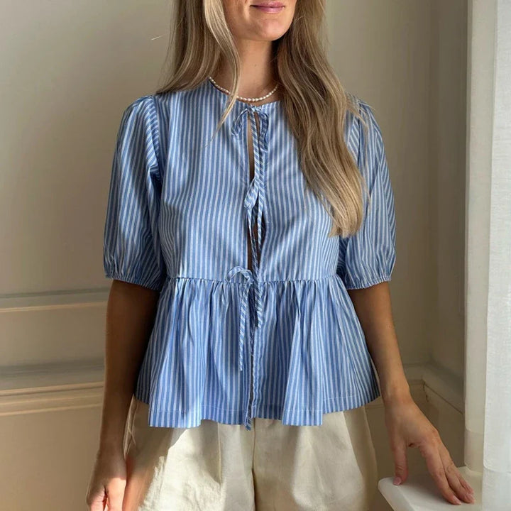 Levoire | Blouse Vintage Rayée Avec Nœud Cravate Bleu clair