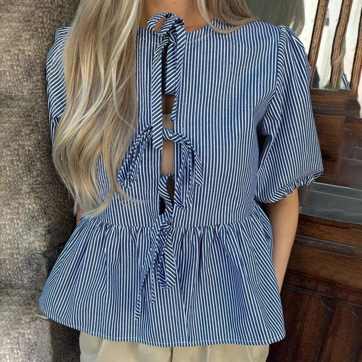 Levoire | Blouse Vintage Rayée Avec Nœud Cravate Bleu