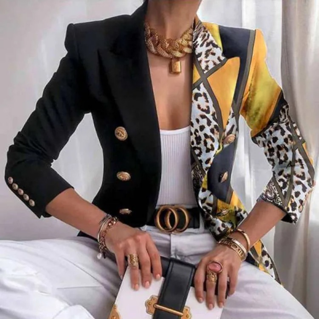Levoire | Veste Pour Femmes Imprimée De Style Bureau Avec Double Rangée De Boutons Jaune-Noir