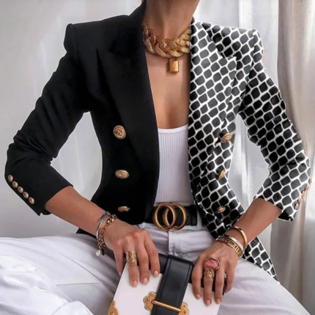 Levoire | Veste Pour Femmes Imprimée De Style Bureau Avec Double Rangée De Boutons Blanc-Noir