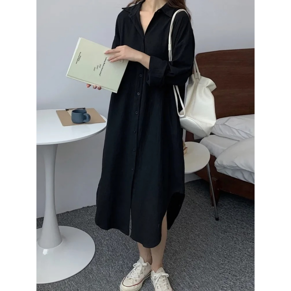 Levoire | Lin Coton Mi-Long Chemisier Robe Noir