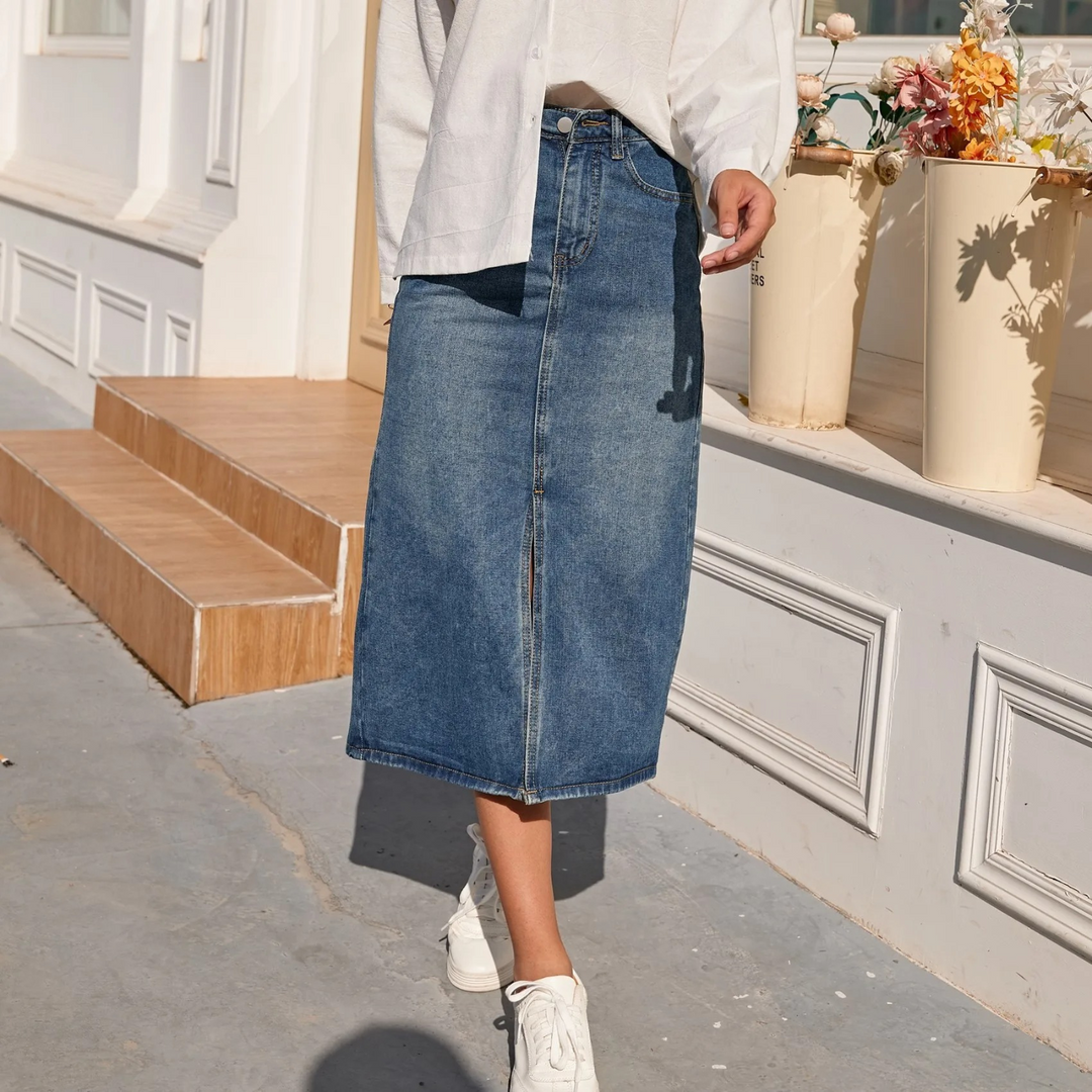 Levoire | Jupe En Jean Longue Bleue Vintage Taille Haute Fente