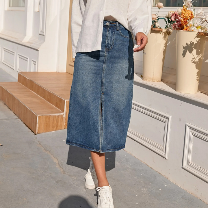 Levoire | Jupe En Jean Longue Bleue Vintage Taille Haute Fente