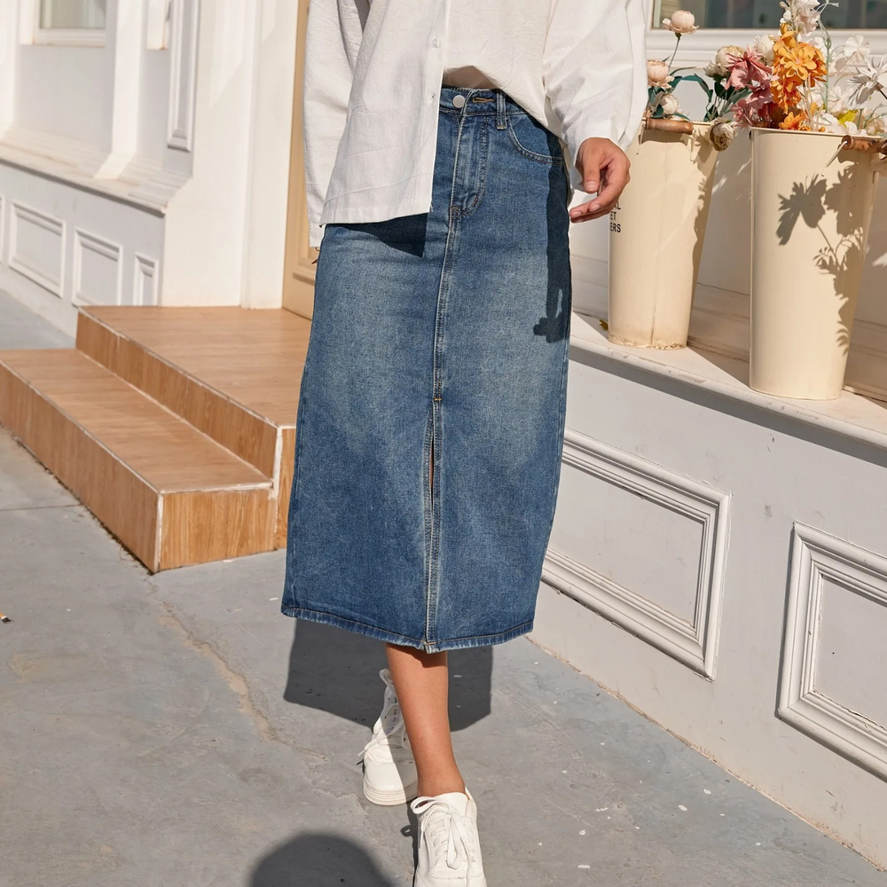 Levoire | Fente Fourchette Jupe En Jean Longue Bleue