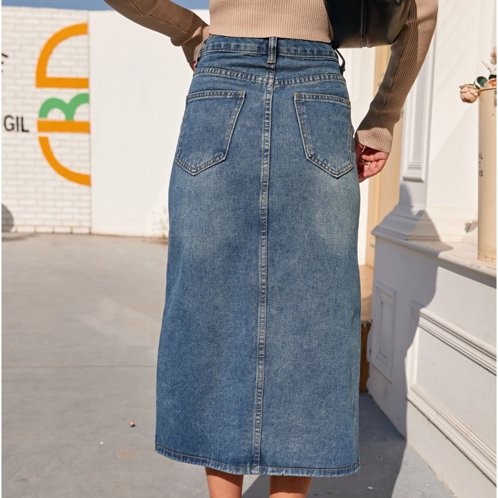 Levoire | Jupe En Jean Longue Bleue Vintage Taille Haute Fente