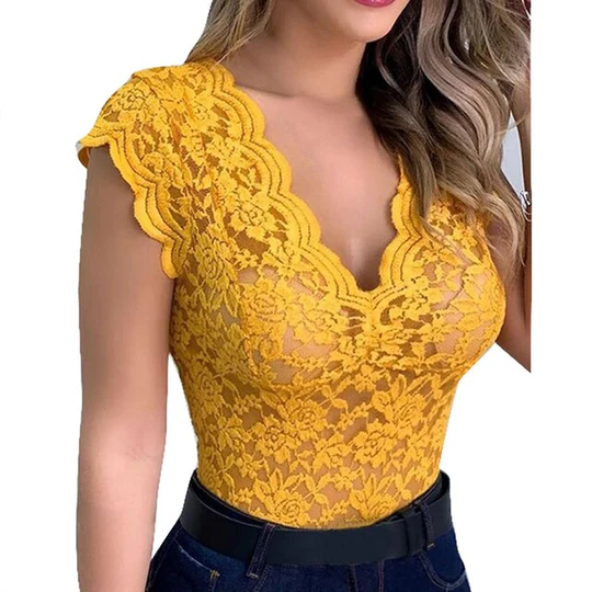 Levoire | Chemisier Élégant Femme Avec Design En Dentelle Jaune