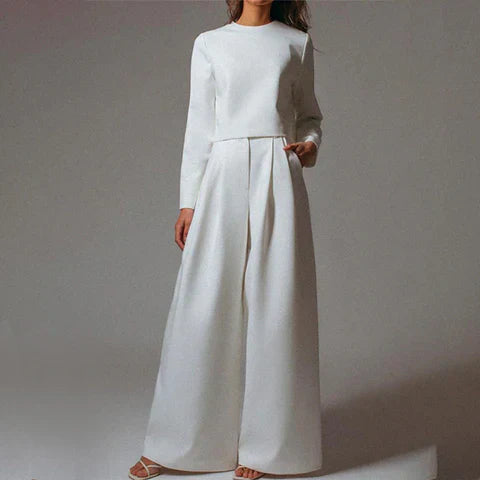 Levoire | Jambes Larges Blouse À Manches Longues Et Pantalon Ensemble Deux Pièces Blanc