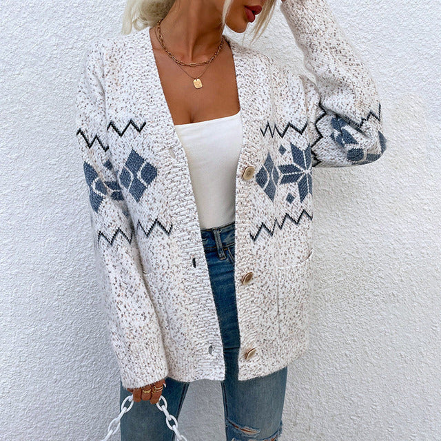Levoire | Veste Tricotée Chaleureuse Avec Poches Et Motif Norvégien Pour Femmes Beige
