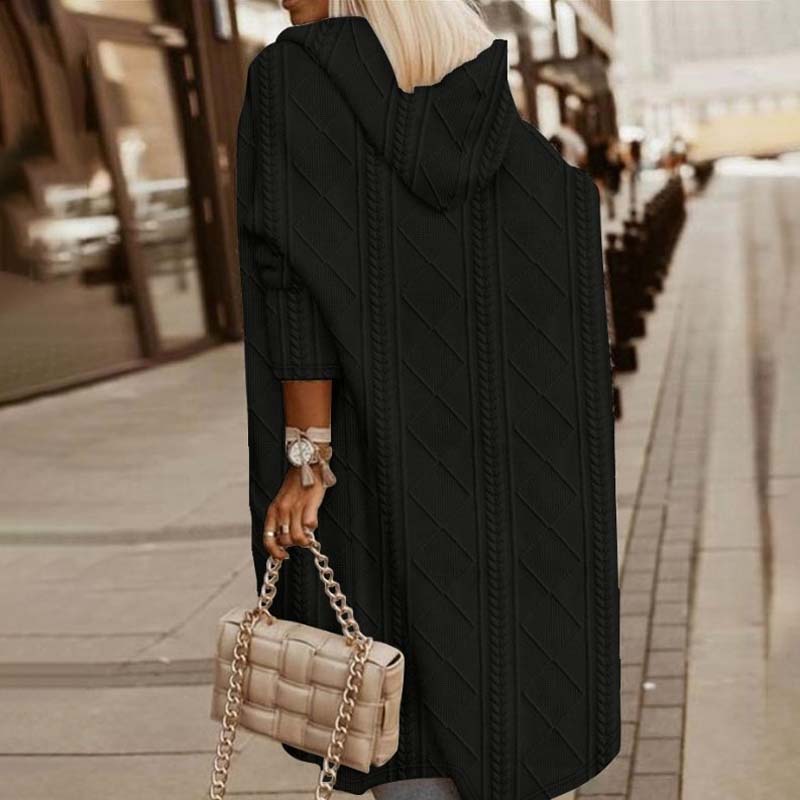 Levoire | Veste En Tricot Longue Chaude Avec Capuche Pour Femmes Noir