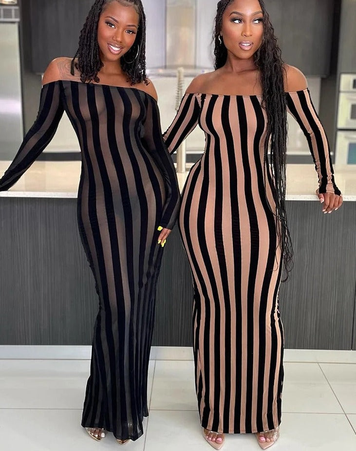 Levoire | Robe Maxi En Mesh Rayée Pêche