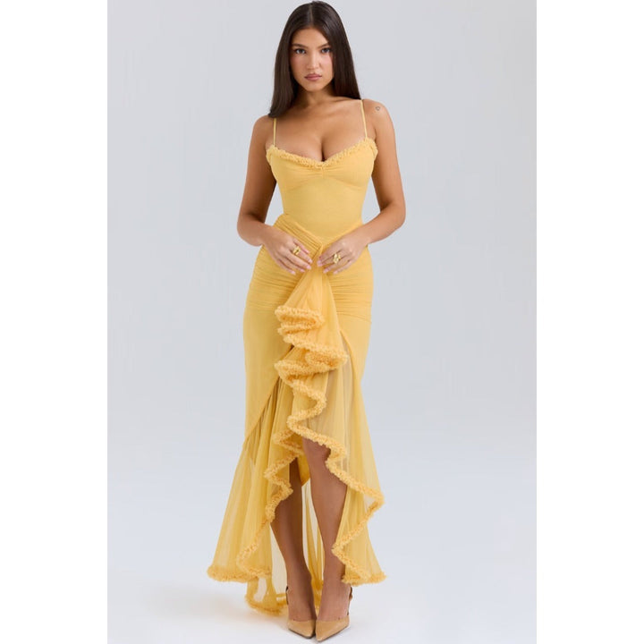 Levoire | Robe D'Invité De Mariage Avec Bretelles Spaghetti Et Volants - Maxi Jaune