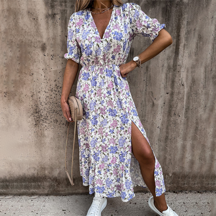 Levoire | Robe Midi Fleurie Avec Fente Latérale Pour Femmes Blanc