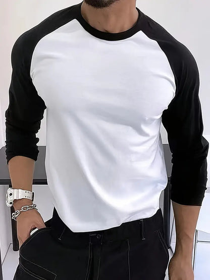Levoire | T-Shirt Raglan À Manches Longues Derby Decontracte Hommes Noir Blanc