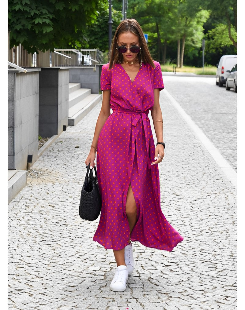 Levoire | Robe Maxi À Manches Courtes Imprimée Robe D'Été Rosa à pois