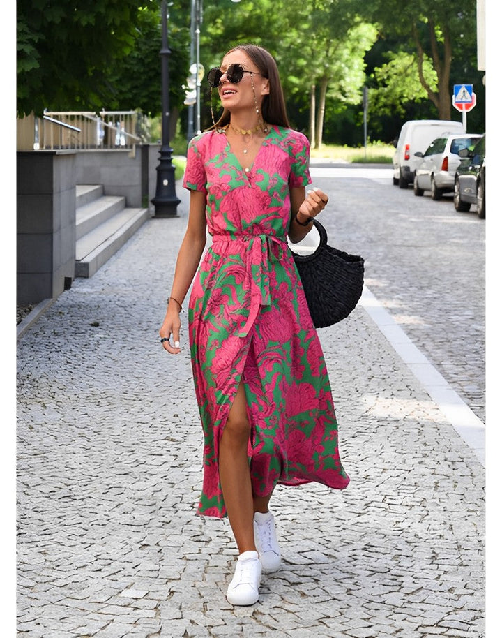 Levoire | Robe Maxi À Manches Courtes Imprimée Robe D'Été Rosa avec Vert