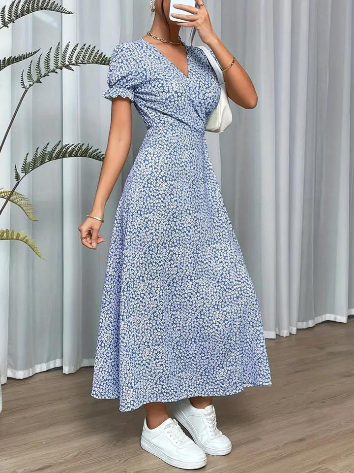Levoire | Robe D'Été Longue À Manches Courtes Fendue Ciel bleu