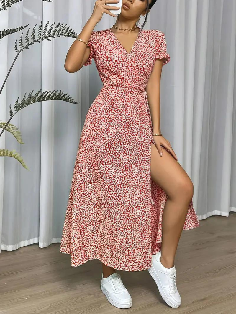 Levoire | Robe D'Été Longue À Manches Courtes Fendue