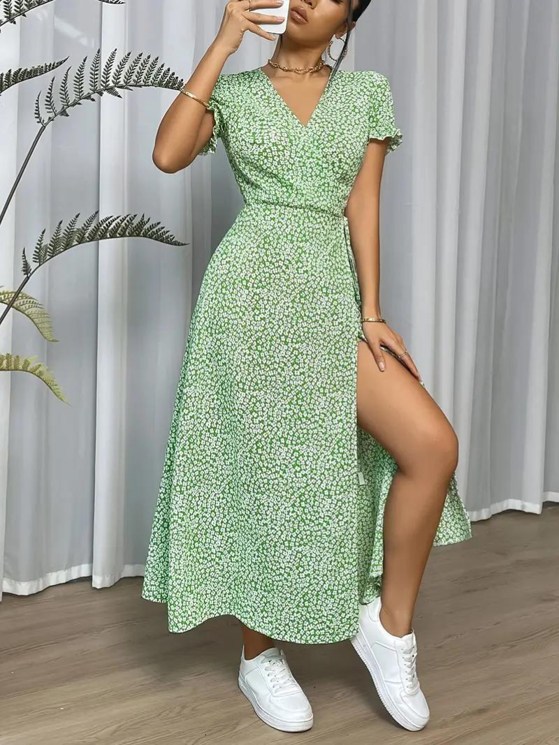 Levoire | Robe D'Été Longue À Manches Courtes Fendue