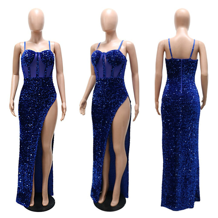Levoire | Corset Filet Paillettes Fente Haute Robe Maxi Longue