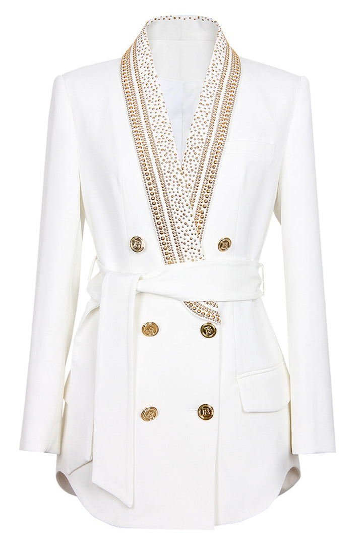 Levoire | Veste Double Boutonnage Avec Détails Dorés Blazer Avec Ceinture Vêtements Pour Dames Blanc