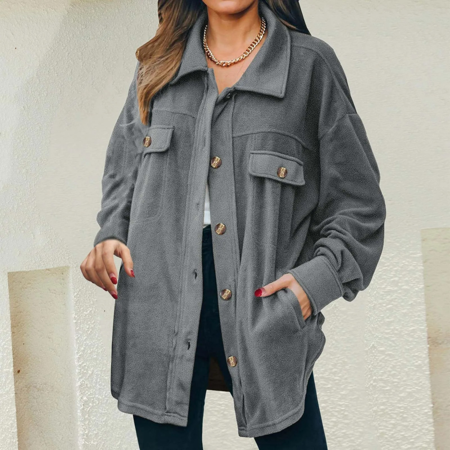Levoire | Col Montant Avec Revers Manteau D'Été Long Gris