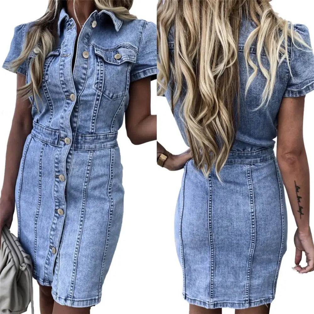 Levoire | Robe Denim Manches Courtes Poche Poitrine