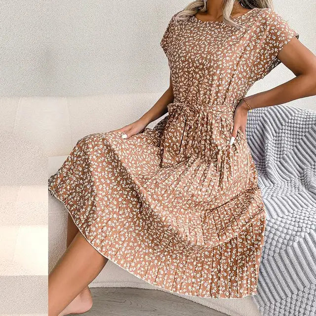 Levoire | Robe D'Été Bleue À Motif Floral Chameau