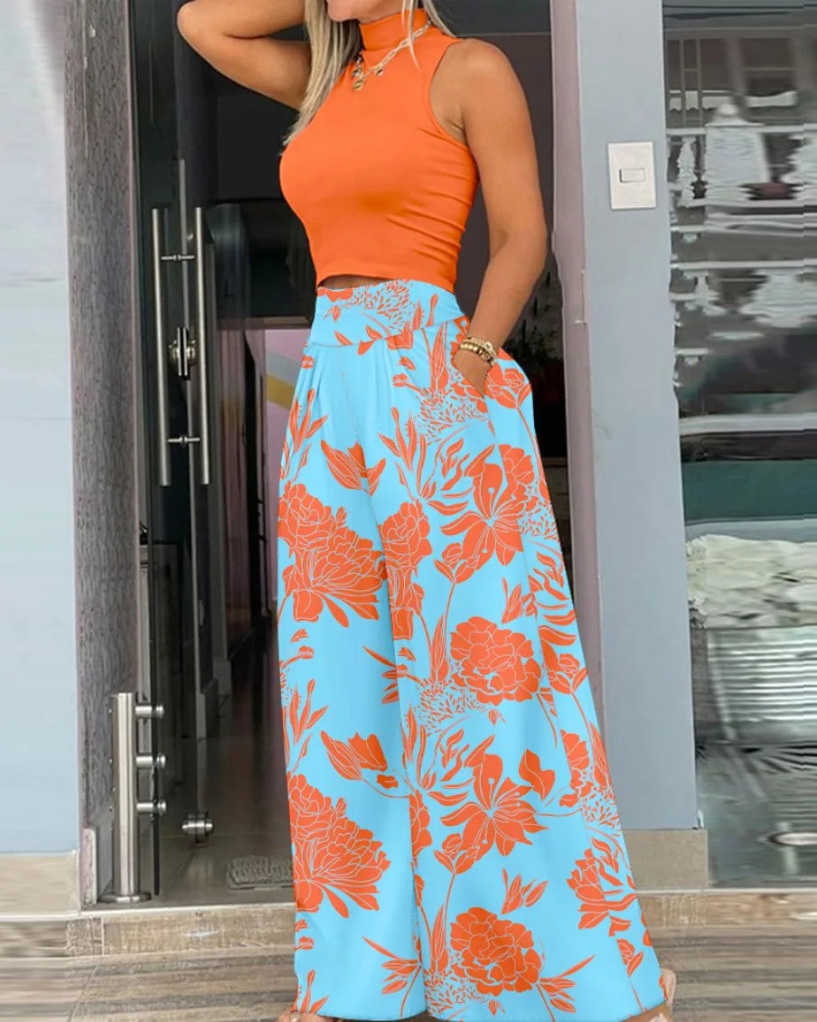 Levoire | Ensemble à jambe large sans manches Orange et Bleu