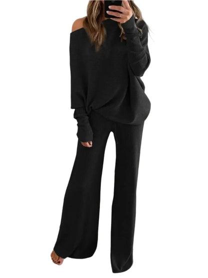 Levoire | Pull À Manches Longues Pour Femmes Et Pantalon Ensemble Deux Pièces Tenue Élégante Et Confortable Noir