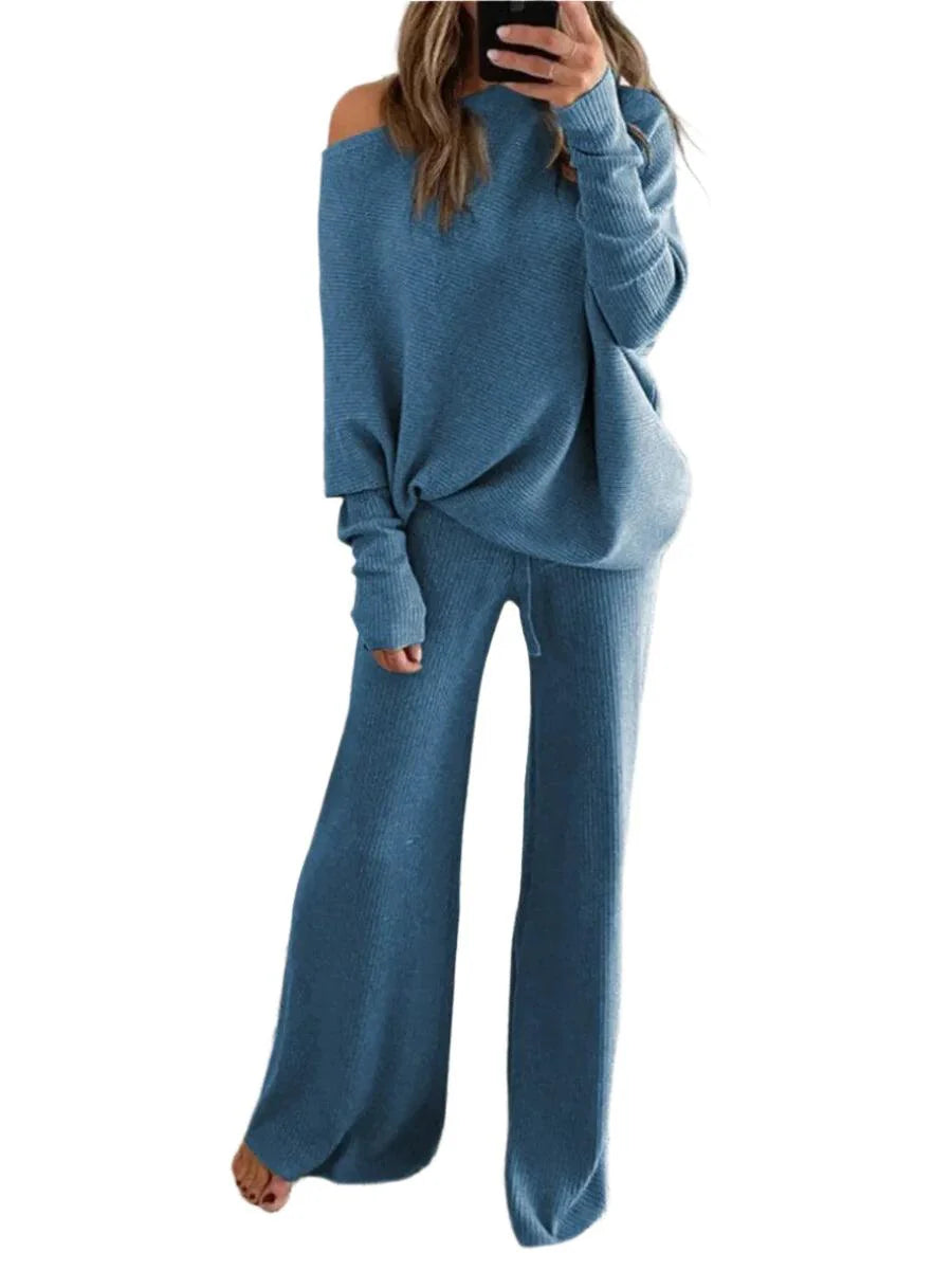 Levoire | Pull À Manches Longues Pour Femmes Et Pantalon Ensemble Deux Pièces Tenue Élégante Et Confortable Bleu paon