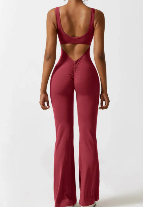 Levoire | Sans Manches Évasé Jambes Scrunch Fitness Combinaison Rouge foncé