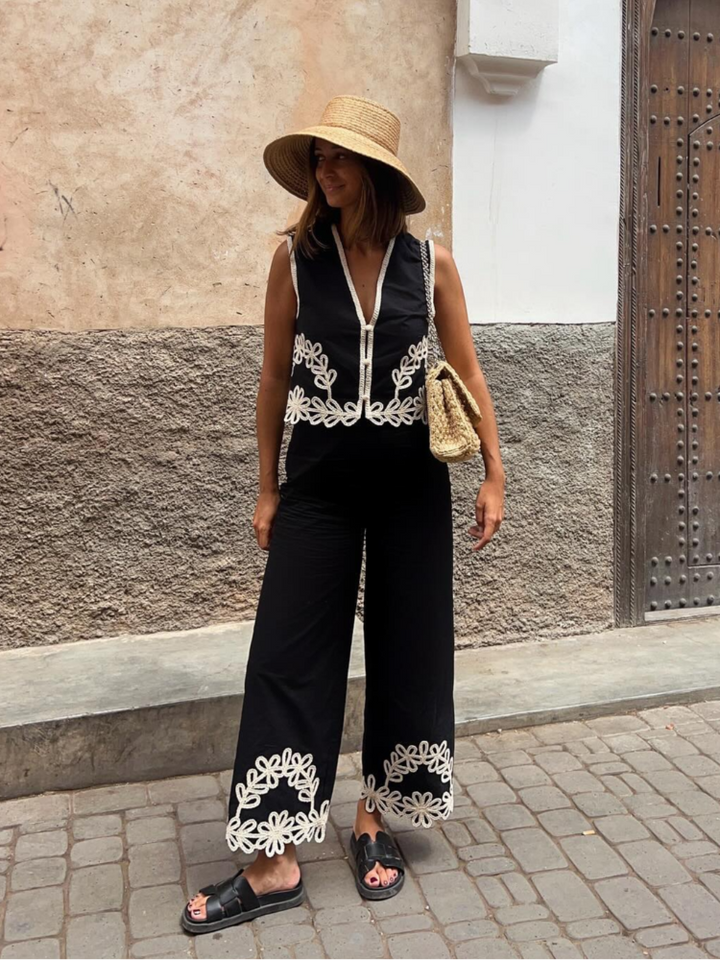 Levoire | Ensemble Élégant De Gilet Brodé Et Pantalon Ample Noir