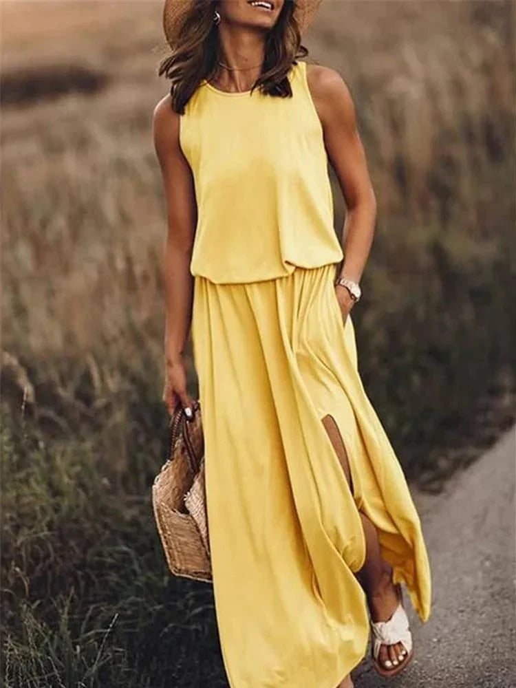 Levoire | Robe Maxi Blanche Décontractée Jaune